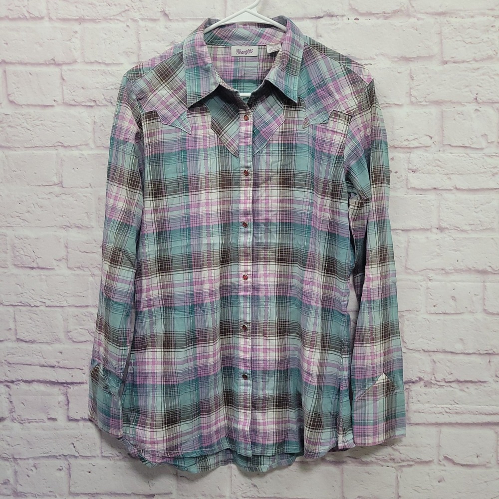 Wrangler Western Plaid Pearl Snap Shirt Women M Metallic Lurex Cowgirl Y2K Indie